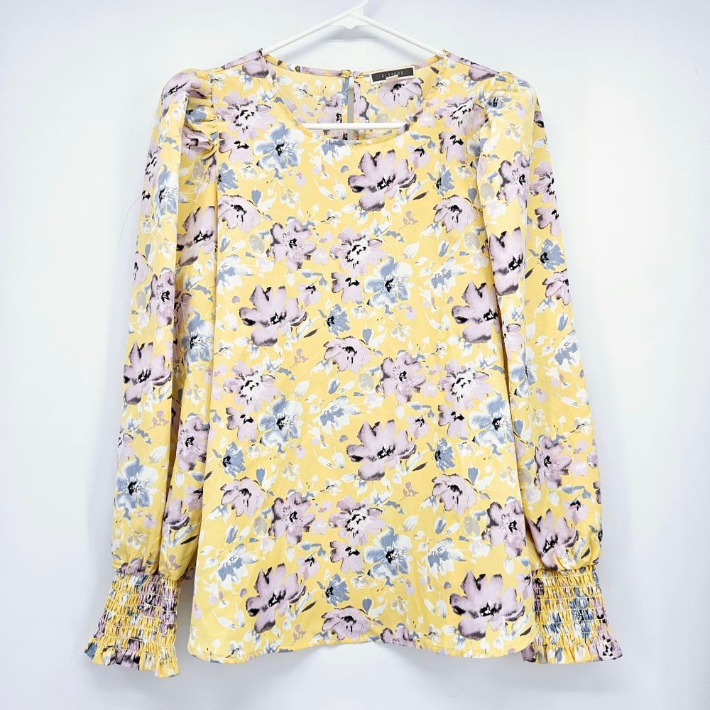 Yellow Floral Blouse Puff Sleeve Smocked Ruffle Cuff Cottagecore Romantic Boho M